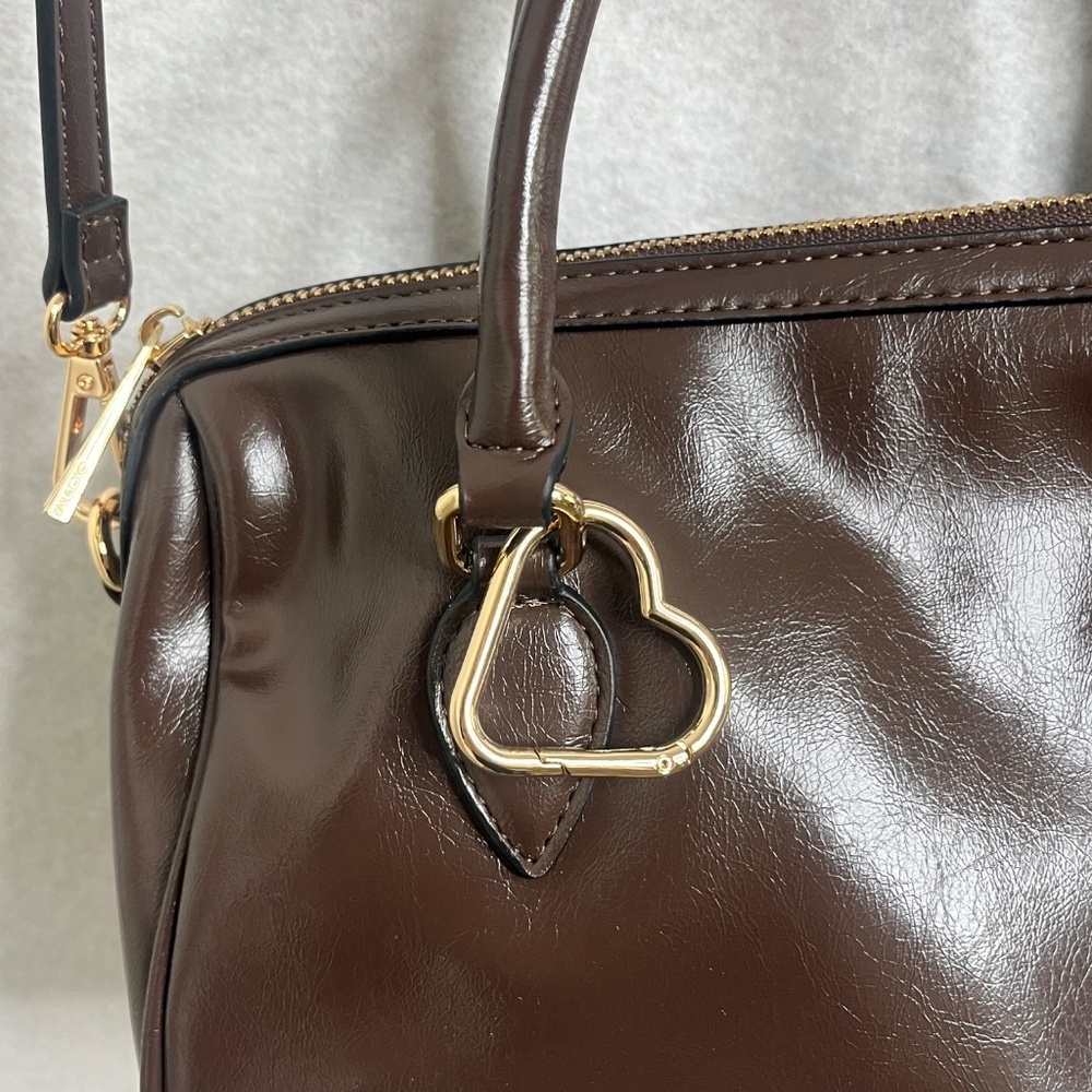 Aldo Brown Top Handle Satchel Crossbody Bag Gold Hardware Structured Purse - Picture 3 of 6